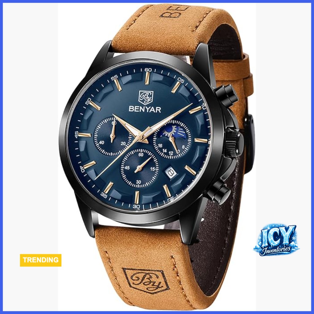 Analog Quartz Chronograph Waterproof Watch With Leather Strap Stainless Steel